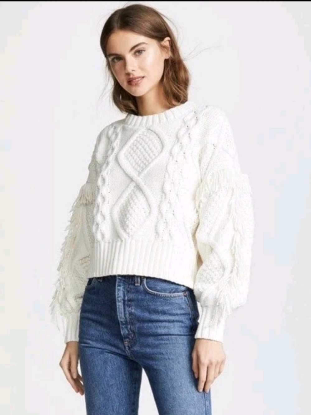 Line & Dot Chunky Cable Knit Fringe Sweater - White